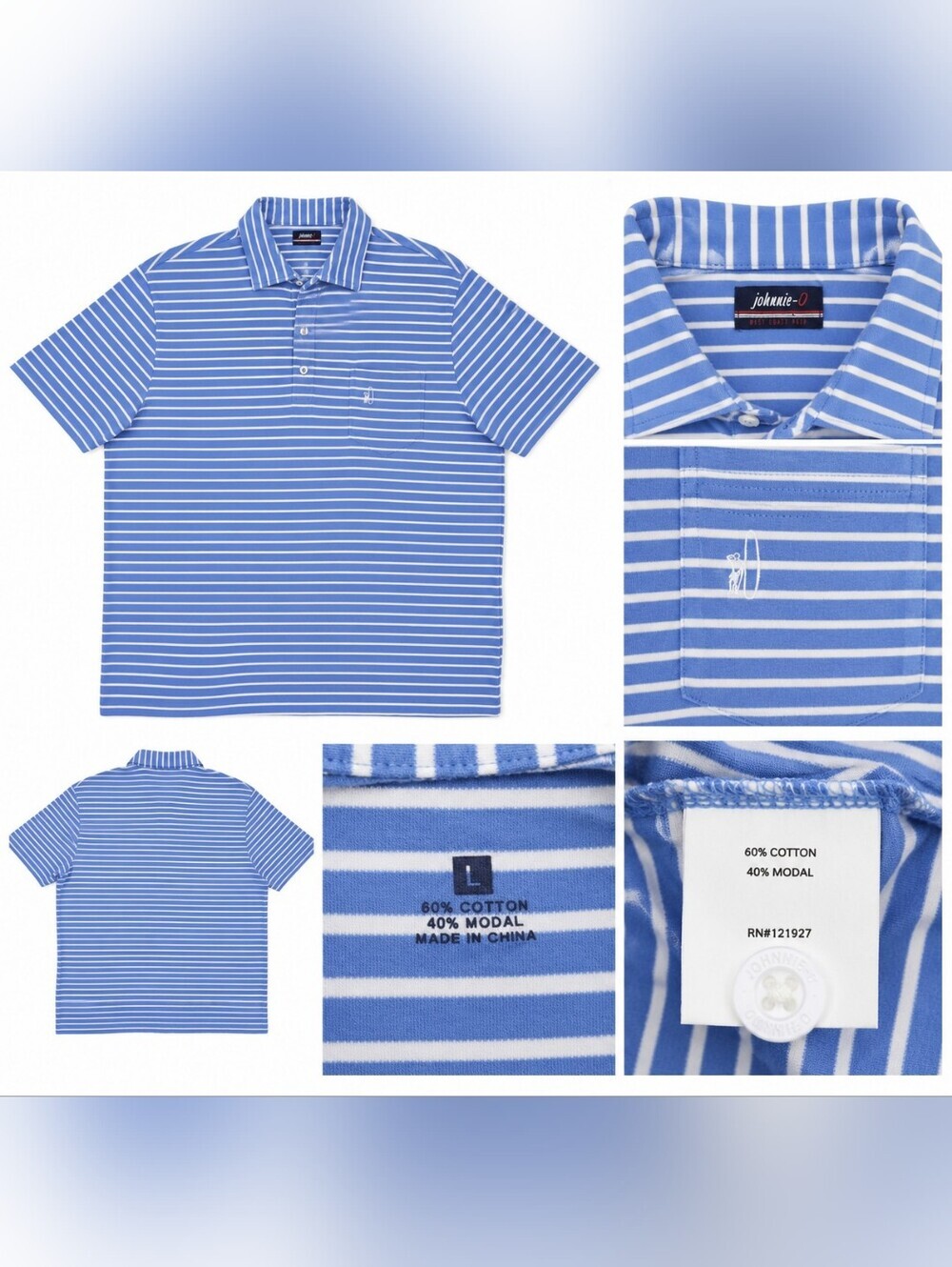 Johnnie-O Men's Polo Shirt Size Large Blue White Striped Cotton Modal .
